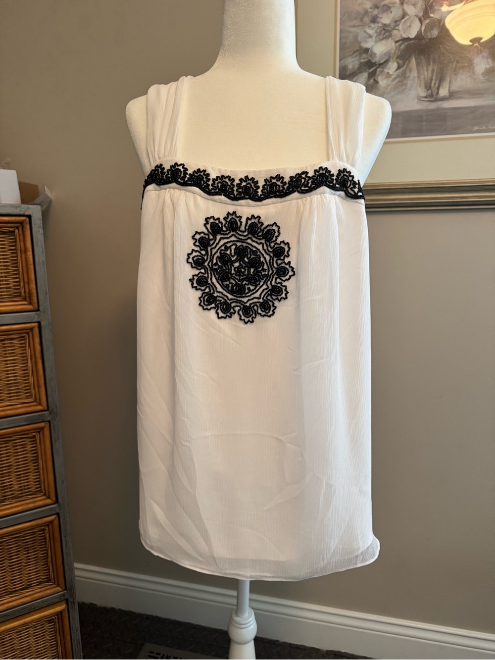 White House Black Market
White Chiffon Top With Black Beading